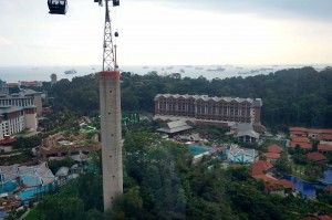 Taking the cable car to Sentosa Island, the entertainment center of Singapore.