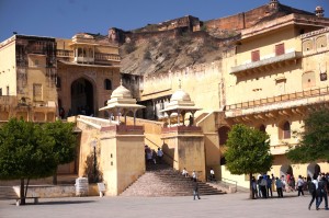 The stairway in the first courtyard leads to the main palace grounds as well as the Sila Devi Temple. This is where the great processions would come, with the women hidden behind the louvered walls above.