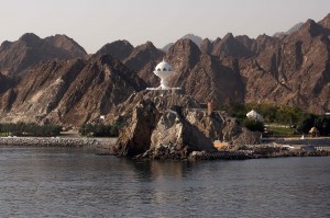 Approaching Muscat. We couldn't figure out what the white tower was. It's a model of a giant incense burner from Iran. 