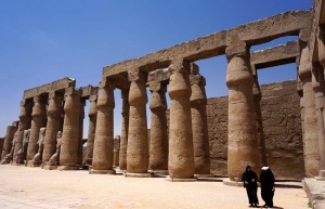 The Amenhotep colonnade from the peristyle court. The individual columns look like rolls of papyrus.