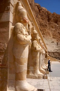 Massive Osirian statues of Hatshepsut. By the way, she like the other pharaohs, "put on the beard." It was a fake used for ceremonies.