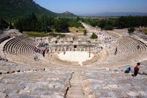 The amphitheater. In the early years they had plays; towards the end, gladiator fights. The road heading outward is the Harbor Road. At the end is where the sea was...