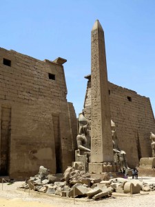 The entrance to Luxor Temple. There used to be two obelisks. Today, the other is in Paris.