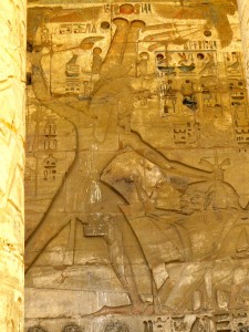 A theme park dedicated to Rameses II's military victories. Here Rameses II prepares to club two captives.