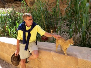 Egyptologist and friend, Adrian, stopping to pet one of the many Petra cats.