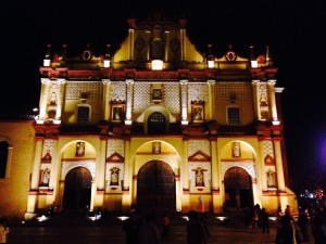 The cathedral at night from the main plaza.