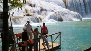 You can take these little hand-pulled "ferries" by the waterfall. Looked a bit sketchy to us!