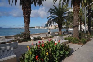 Walking along the Riva (waterfront). We were told there was an excellent market along the Riva -- several miles later, we never found it!