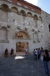 Much of the stone used in the old city came from the nearby island of Brac. It is a beautiful, hard limestone and has been used in several other countries -- including for the White House. The entrance, however, used a softer stone from another island to allow easier carving of figures.