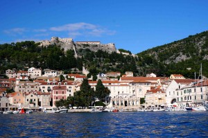 Coming into Hvar Town in the Zodiac. Another wet butt in the making...