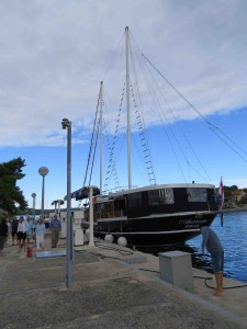 Getting off the boat in Milna -- one of the few times we pulled up sideways to a pier.