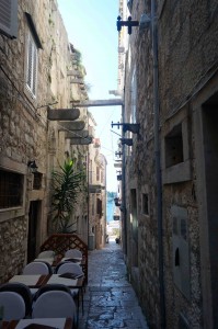 Lots of narrow alleyways. Note the rain spouts from the sides of the buildings. They are adorned with...