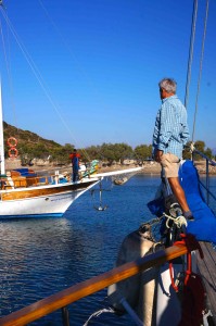 Arriving in Knidos. Our first action -- getting ready to pull off another gulet who had gone aground. Luckily, he got off on his own.