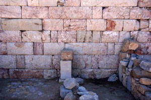 Some pink marble brought in for this building. Depending on the timeframe and building purpose, stone varied from cheap, porous local stone to various types of marble from great distances.