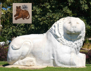 Some sculpture near the waterfront. I couldn't figure out why I like this so much until I realized that it was similar to the first piece of art I ever bought -- "Gus Mozart" by Jablonsky in 1975! See inset. It turns out that this is the Lion of Knidos -- where we were heading next!