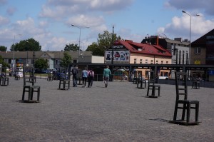 This is a memorial to the Jews of the Jewish Ghetto. There are 33 tall chairs in the square and onother 37 smaller chairs around the edge of the park. Each chair represents 1,000 souls lost -- the big chairs for the adults, the small chairs for the children.