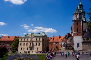 Up in Wawel Hill, the site of Kraków's earlies settlement in prehistoric times. It has stayed the most strategically important location in the city. It's the site of the 16th century cathedral and castle -- not to mention a certain dragon's lair! This is really the home of many of Poland's kings and heroes and it is well visited.