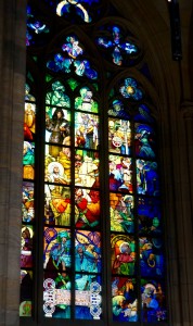 Lots of beautiful stained glass in the cathedral. We were particularly drawn to this one because it was the only painted one -- done by Alphonse Mucha! 