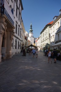 Looking towards Michael’s Gate. This copper-roofed tower is one of the symbols of Bratislava. You can climb up to near the top of the tower and get really panoramic views. We were so hot, we passed! BTW, the statue on the top is St. Michael, slaying the dragon.