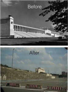 There are still lots of reminders of the old Nationalist Social Party rallies that occurred here. When the city of Nuremberg took over the former Zeppelin Grandstand and Party Rally Grounds, they tore down things that would bring back memories of the Nazis. Today, there is a soccer field, an ice hockey rink, and this area in front of the Grandstand is used as a dragstrip.