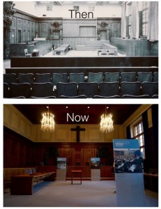 The courtroom had to be expanded from its traditional size to accommodate the large number of judges, lawyers, defendants, and media/visitors. Today, it has been restored to its former self and is still used as a courtroom today.