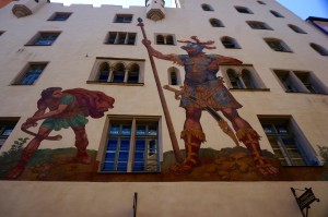 Buildings in the town were often covered with frescoes. This is the sole remaining one -- David and Goliath.