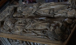 Here is the tomb of Sts. Henry and Cunigunde. Apparently, Cunigunde was quite political. She was shrewd in who she chose to marry. Henry was was an up-and-comer -- initially he was the Duke of Bavaria, then the King of Germany, and finally the Holy Roman Emperor. When he wasn't around, she was empowered to call the shots. The more interesting point was how they were canonized. Remember that there has to be evidence of miracles to achieve this status. For Henry, he survived surgery to remove gall stones (at the time, that probably was a miracle!). Cunigunde's path was a bit more thorny -- she had been accused of adultery and, to prove her innocence and saintliness, she walked across flaming irons with no injury! 