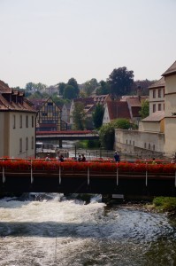 The River Regnitz. It flows through the Old City and has a kayaking slalom course.