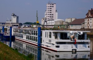 Returning to our new boat -- the Modi. You might notice that all the upper railings, lounges, etc. are gone. We are getting ready to go under some really low bridges! Even the pilot house lowers and the captain just has his head above deck!