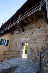 Looking up at the town walls.