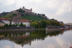 The Marienberg Fortress, which sits above the weird vertically-rowed vineyards and the Main River.