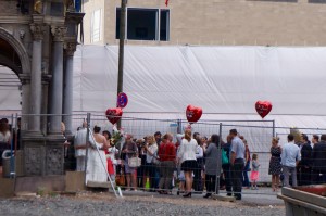 A wedding party at the City Hall. Here you have to get married by the civil authorities and then you can choose to get married in a religious ceremony in addition if you so choose.