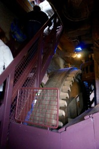 Going into the windmill, you are struck by how cramped it is compared to how you thought it would be looking from the outside. Also, very steep stairs. This is the upper wheel...