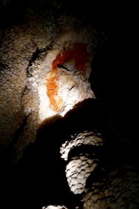 There are a number of places where this iron oxide stains the rocks. It is thought that these areas might actually predate the formation of the cavern. 